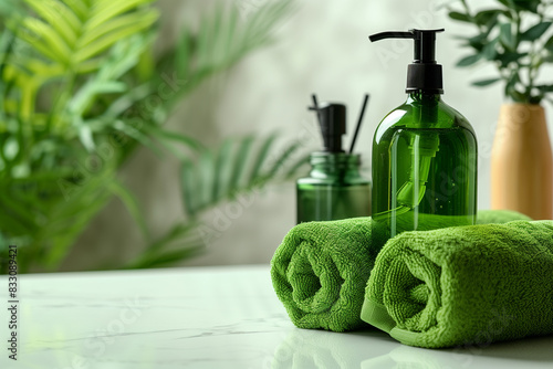 Pump green glass bottle with liquid castile soap. Rolled green towels in a spa setting. Green plant decor in background. Bathroom white countertop.