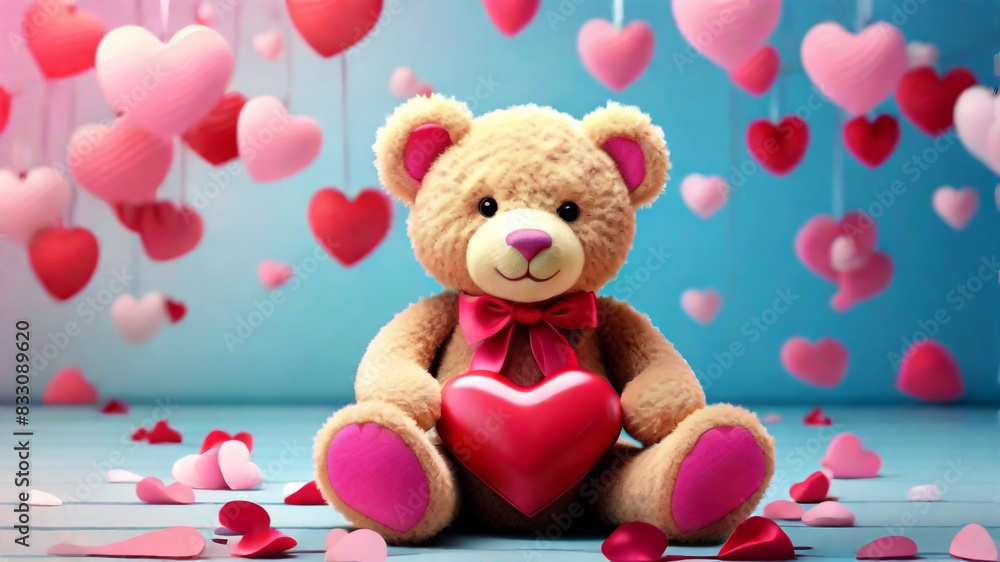 A romantic valentine's background with a teddy bear holding a heart symbol concept by teddy day A romantic valentine's background with a teddy bear holding a heart symbol concept by teddy day