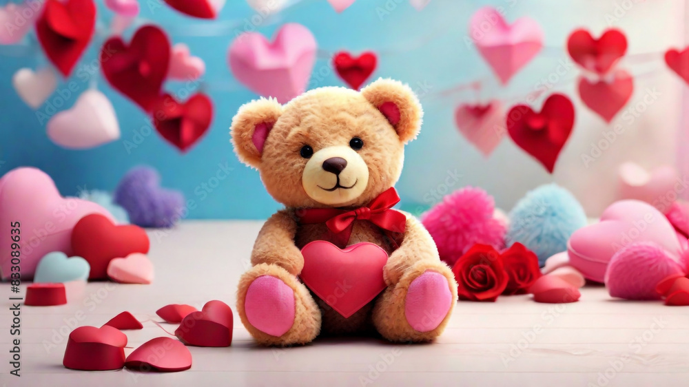 A romantic valentine's background with a teddy bear holding a heart symbol concept by teddy day A romantic valentine's background with a teddy bear holding a heart symbol concept by teddy day