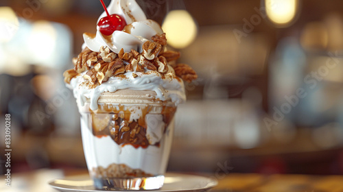 A decadent sundae with whipped cream  nuts  and a cherry on top.