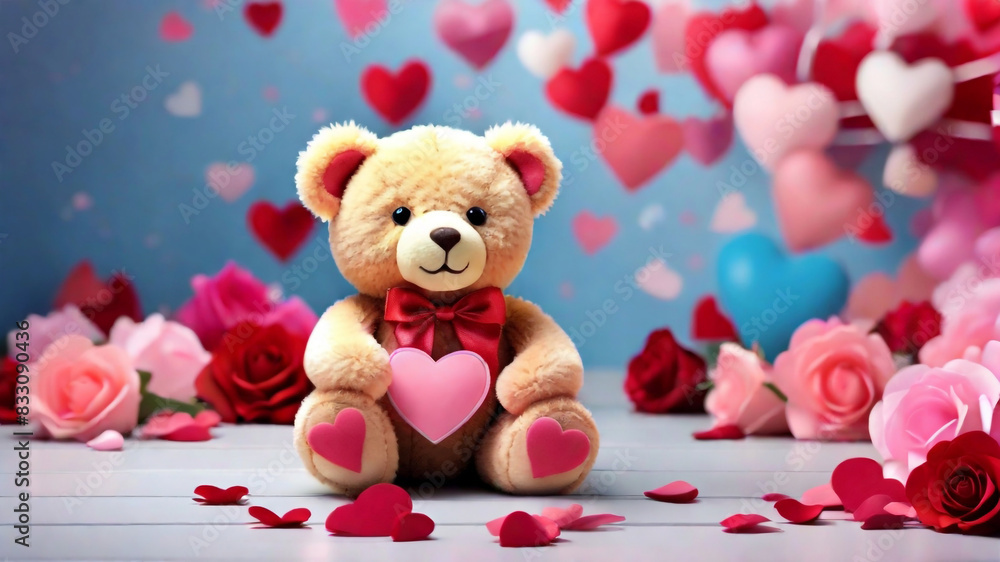 A romantic valentine's background with a teddy bear holding a heart symbol concept by teddy day A romantic valentine's background with a teddy bear holding a heart symbol concept by teddy day