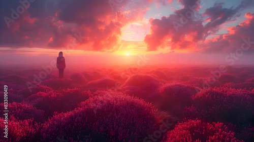 An ultra HD view of a nature heathland at sunrise, the sky glowing with vibrant colors and the heather bathed in golden light