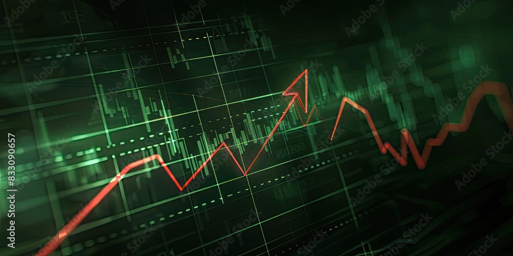 A green stock market graph going up with an arrow pointing upwards, with some red accents on the left side of it. The background is dark and has grid lines that give depth to the presentation A green stock market graph going up with an arrow pointing upwards, with some red accents on the left side of it. The background is dark and has grid lines that give depth to the presentation