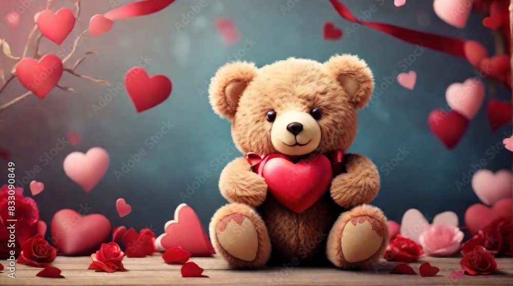A romantic valentine's background with a teddy bear holding a heart symbol concept by teddy day A romantic valentine's background with a teddy bear holding a heart symbol concept by teddy day