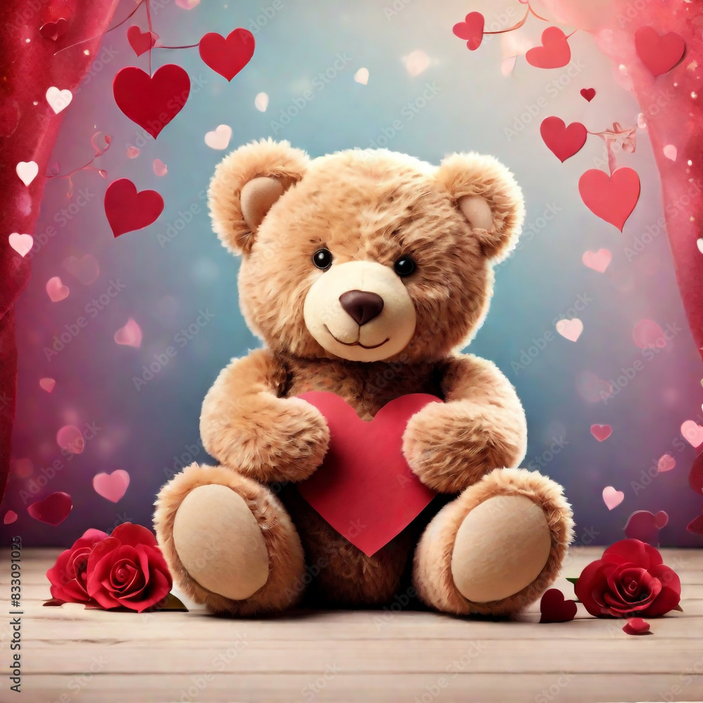 A romantic valentine's background with a teddy bear holding a heart symbol concept by teddy day A romantic valentine's background with a teddy bear holding a heart symbol concept by teddy day