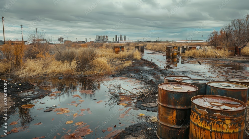 Chemically polluted site with barrels of toxic waste Chemically polluted site with barrels of toxic waste
