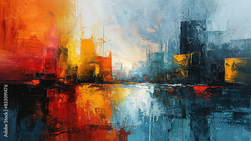 Colorful Oil Painting Of Cityscape With Brush Strokes Vibrant Background