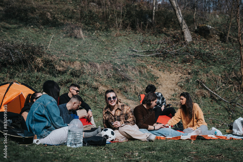 Group of young friends lounging and enjoying a picnic in a picturesque grassy area, with a tent and football.