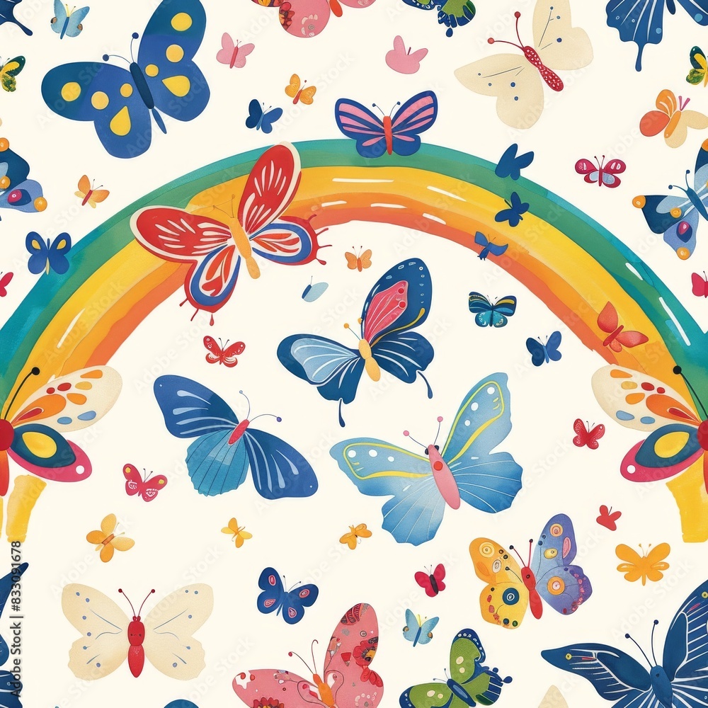 seamless pattern of colorful butterflies and rainbow arch seamless pattern of colorful butterflies and rainbow arch