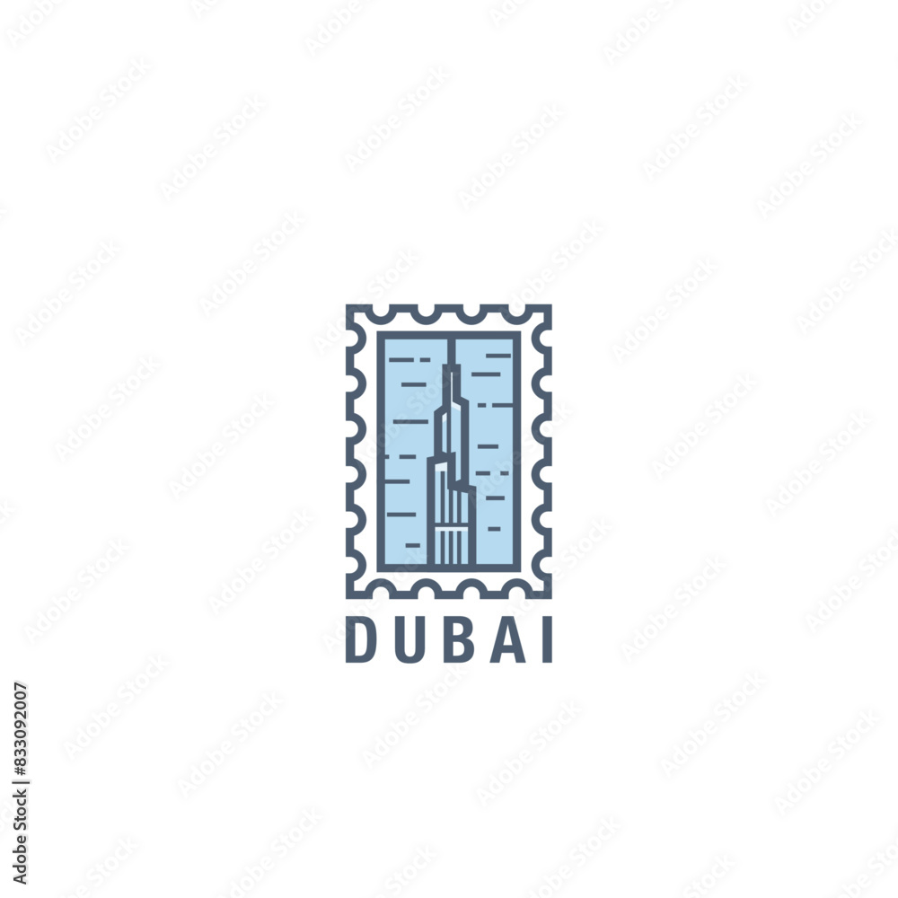 Dubai, UAE tall tower, skyscraper vector logo in stamp style. Thin line pictogram, skyline emblem graphic for United Arab Emirates Dubai, UAE tall tower, skyscraper vector logo in stamp style. Thin line pictogram, skyline emblem graphic for United Arab Emirates