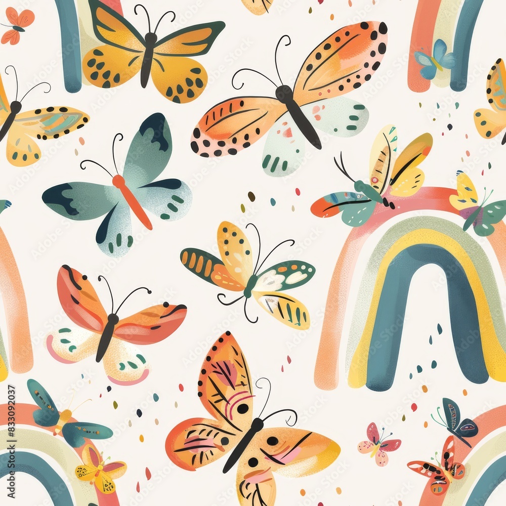 seamless pattern of colorful butterflies and rainbow arch seamless pattern of colorful butterflies and rainbow arch