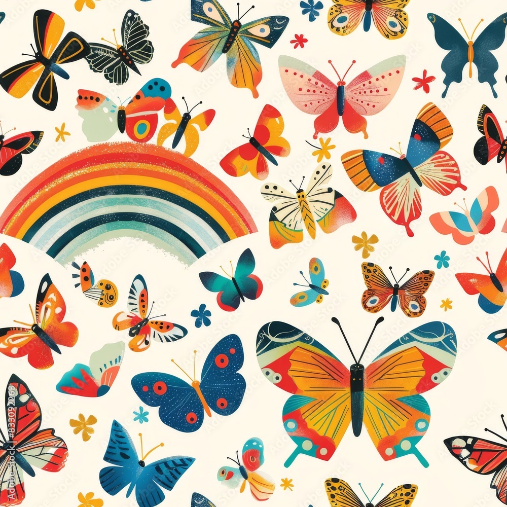 Obraz premium seamless pattern of colorful butterflies and rainbow arch