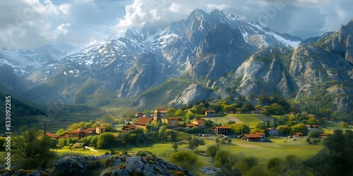 Serene Mountain Village Nestled in a Verdant Valley Surrounded by Majestic Peaks Offering a Tranquil and Picturesque Landscape of Natural Splendor