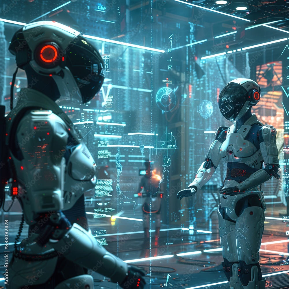 Futuristic Scene with Holographic Displays, AI Robots, and People Interacting with VR Headsets in a Sleek High-Tech Environment Futuristic Scene with Holographic Displays, AI Robots, and People Interacting with VR Headsets in a Sleek High-Tech Environment
