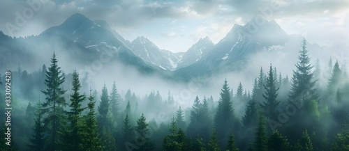 Misty Pine Forest with Majestic Mountain Peaks in the Distance Enchanting Wilderness Landscape Exuding Serenity and Tranquility © Thares2020