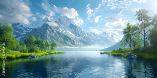 Majestic Mountain Lake Reflecting Serene Wilderness Landscape in Early Morning Light