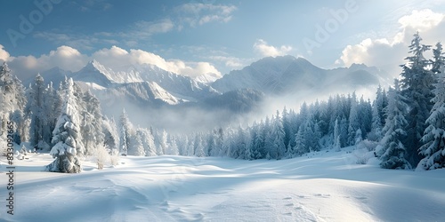 Serene Snowy Landscape with Majestic Mountain Peaks in Distant Wilderness