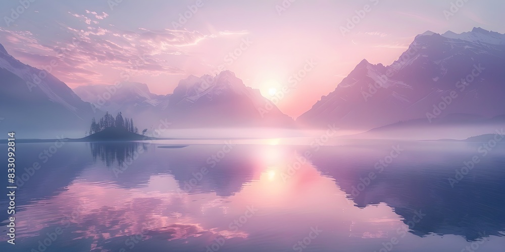 Serene Sunrise Over Tranquil Mountain Lake with Ethereal Mist and Scenic Reflection Serene Sunrise Over Tranquil Mountain Lake with Ethereal Mist and Scenic Reflection
