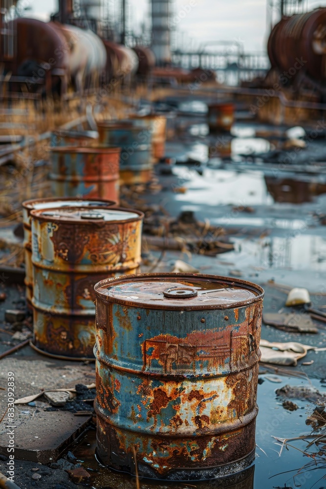 Chemically polluted site with barrels of toxic waste Chemically polluted site with barrels of toxic waste