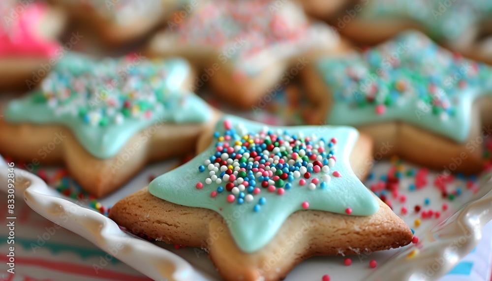 Star-Shaped Cookies with Blue Icing and Colorful Sprinkles