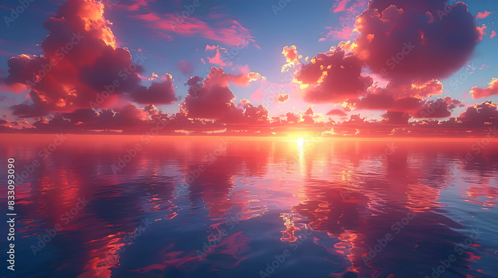 An ultra HD view of a nature lagoon at sunrise, the sky glowing with vibrant colors and the water reflecting the light