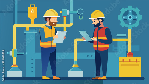 Engineers take detailed notes as they make adjustments to the pipelines valves and gauges.. Vector illustration