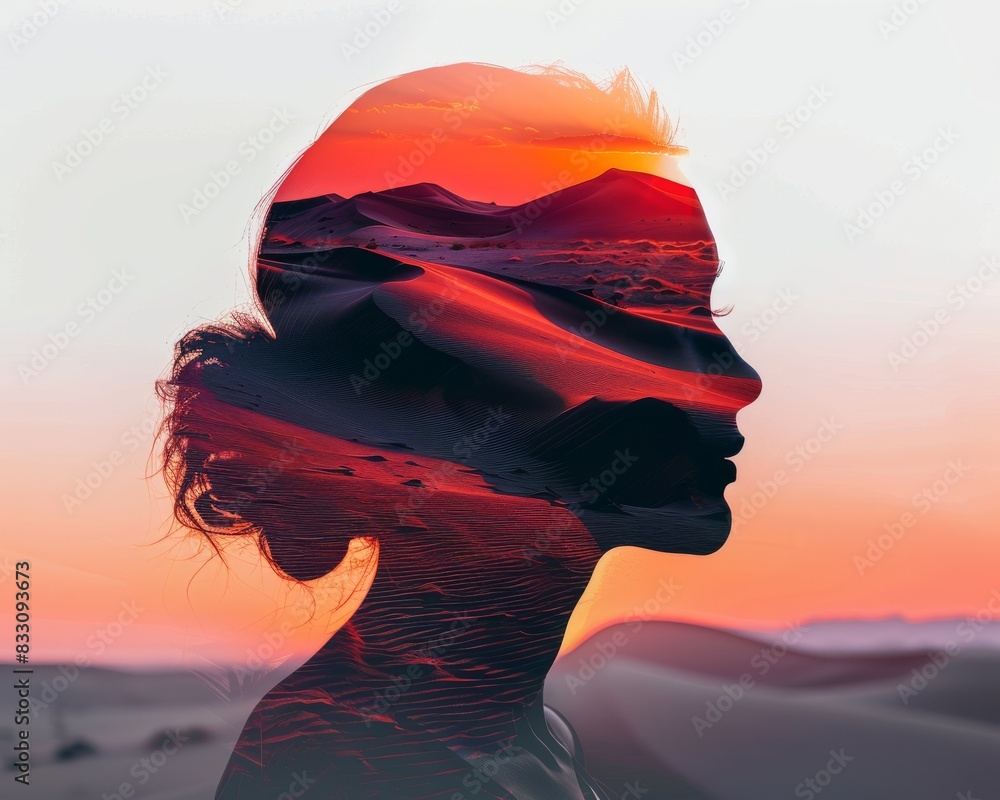 A woman's silhouette blends with a desert landscape at sunset, creating a surreal and captivating image. A woman's silhouette blends with a desert landscape at sunset, creating a surreal and captivating image.