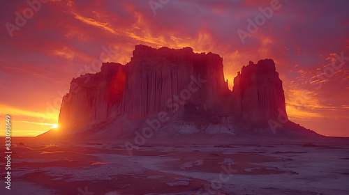 An ultra HD view of a nature butte at sunrise, the sky glowing with vibrant colors and the rock formations casting long shadows