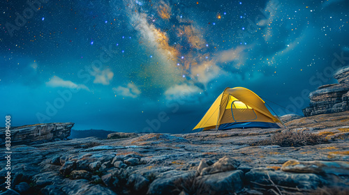 A lone tent pitched on a rocky outcrop, with a breathtaking view of a star-filled night sky. photo