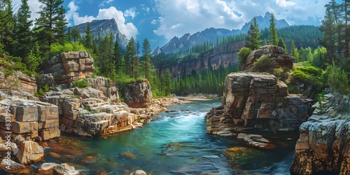 Majestic Rocky Mountain Cliffs with Serene River Flowing Peacefully through Lush Forested Wilderness