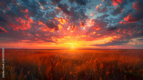 An ultra HD view of a nature prairie at sunrise  the sky glowing with vibrant colors and the grasses bathed in golden light