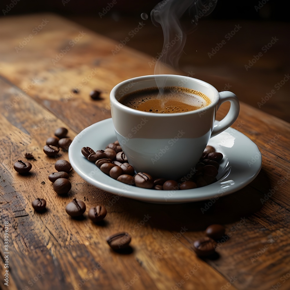A steaming cup of freshly brewed espresso on a wooden table, surrounded by scattered coffee beans A steaming cup of freshly brewed espresso on a wooden table, surrounded by scattered coffee beans