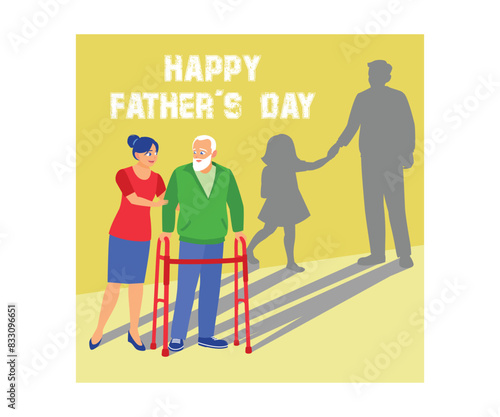  A young woman helps an elderly father learn to walk. Dad practiced walking during the recovery period. Father's Day concept. Flat vector illustration.