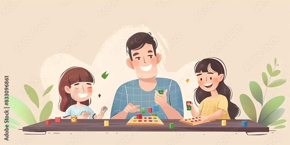 © kiimoshi - Father and daughters are playing board game together. Family time. Vector illustration in flat cartoon style. © kiimoshi - Father and daughters are playing board game together. Family time. Vector illustration in flat cartoon style.