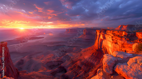 An ultra HD view of a nature plateau at sunrise, the sky glowing with vibrant colors and the cliffs casting long shadows