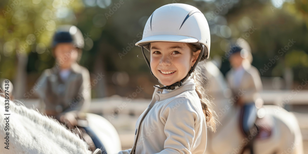 A young girl in riding gear is smiling and sitting on her white horse at an equestrian center, along with other children who are also learning to ride. A young girl in riding gear is smiling and sitting on her white horse at an equestrian center, along with other children who are also learning to ride.