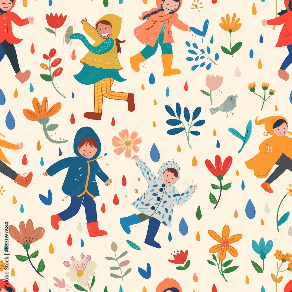 Fototapeta premium seamless pattern of children wearing raincoats and colorful boots
