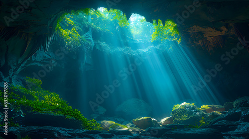 An ultra HD view of a nature cave entrance at sunrise, the light streaming in and illuminating the cave interior