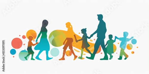 The image shows a family of seven walking in a single file line. The family is made up of two adults, two teenagers and three children. They are all holding hands. photo