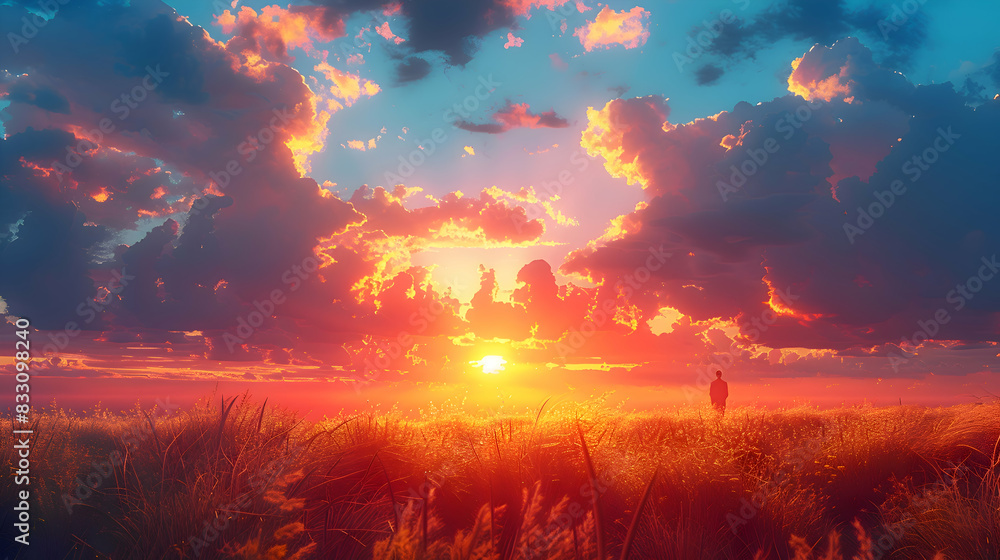 An ultra HD view of a nature plain at sunrise, the sky glowing with vibrant colors and the grass bathed in golden light