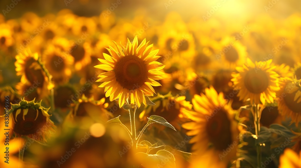 Obraz premium 24. A sunflower field bathed in golden sunlight, symbolizing optimism and growth