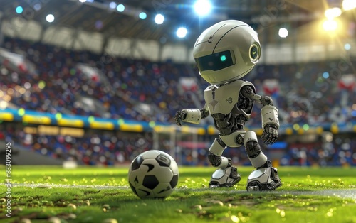 Robot Soccer Match: A High-Tech Game Between Robot Teams, Blending Soccer Skills with Futuristic Technology. Generative AI © bk_assets
