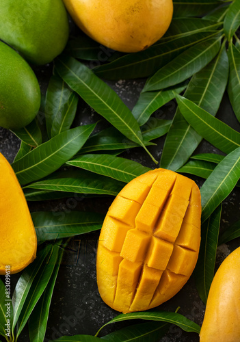 Isolated mango. Fresh organic mango with isolated clipping path. Mango macro studio photo.  Mango slice. 
