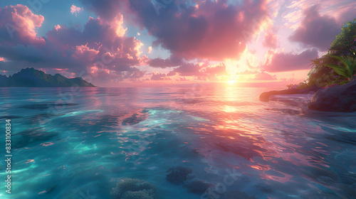 An ultra HD view of a nature coral atoll at sunrise, the sky glowing with vibrant colors and the water reflecting the light photo