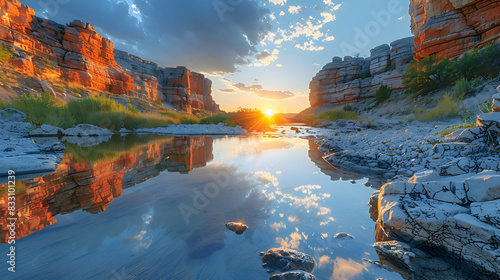 An ultra HD view of a nature ravine at sunrise, the sky glowing with vibrant colors and the cliffs reflecting the light