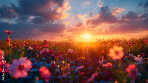 An ultra HD view of a nature meadow at sunrise, the sky glowing with vibrant colors and the flowers bathed in golden light