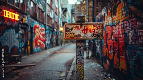 A street sign stands tall against a backdrop of graffiti-covered walls, each tag telling its own story.
