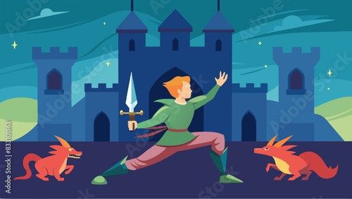 A person doing lunges in a virtual medieval castle surrounded by knights and dragons.. Vector illustration