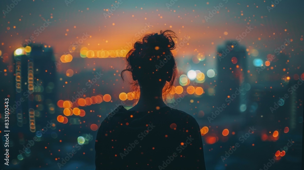The silhouette of a figure is framed by the glowing lights of a city skyline at dusk. The silhouette of a figure is framed by the glowing lights of a city skyline at dusk.
