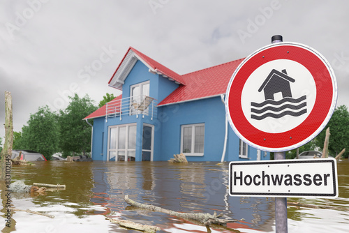 3d Illustation - Schild - Unwetter - Hochwasser - Überschwemmung - Haus - Überflutung - Versicherung photo